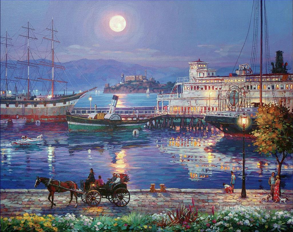 Full Moon urban dockscape Oil Paintings